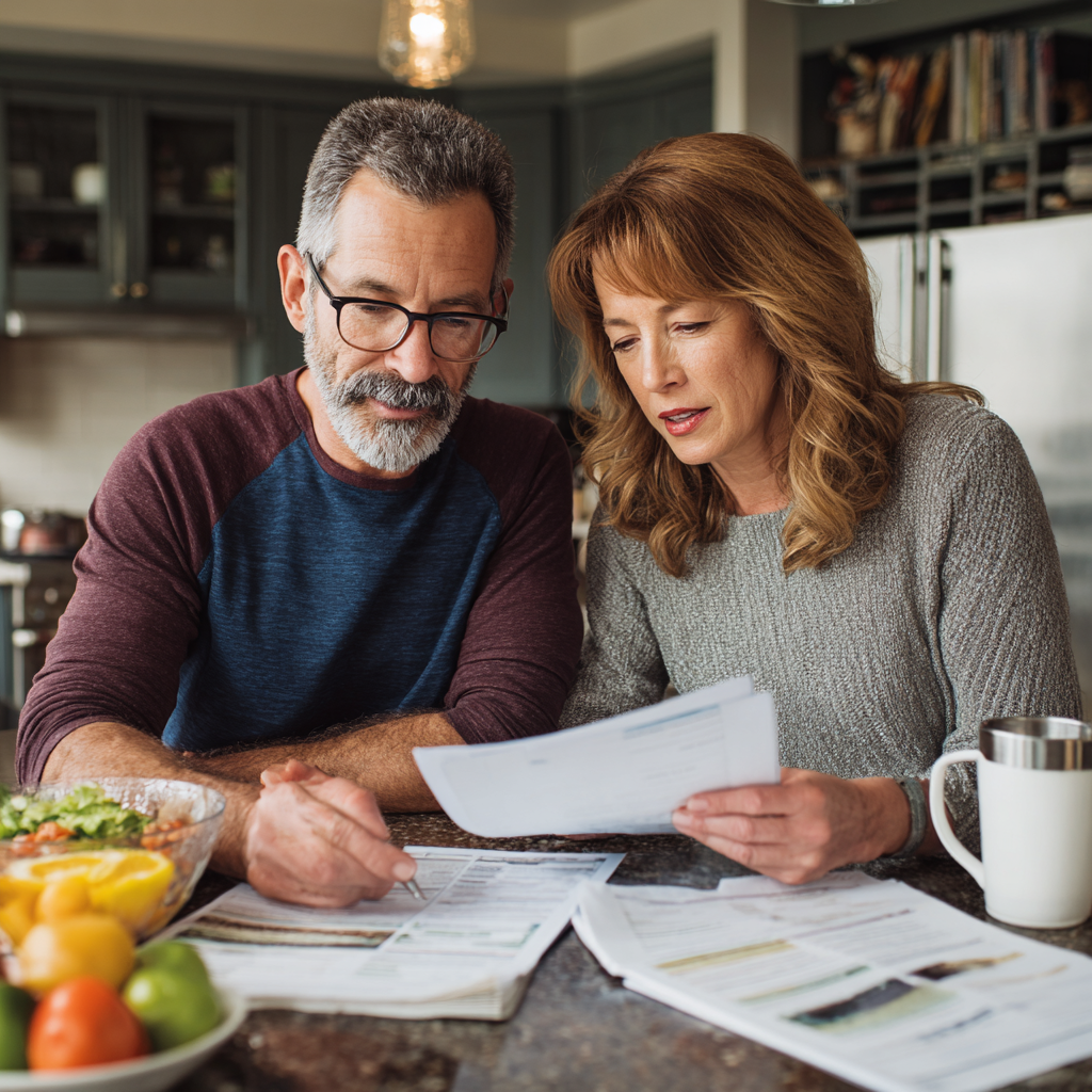 Middle-aged adults reviewing meal planning materials at kitchen table
