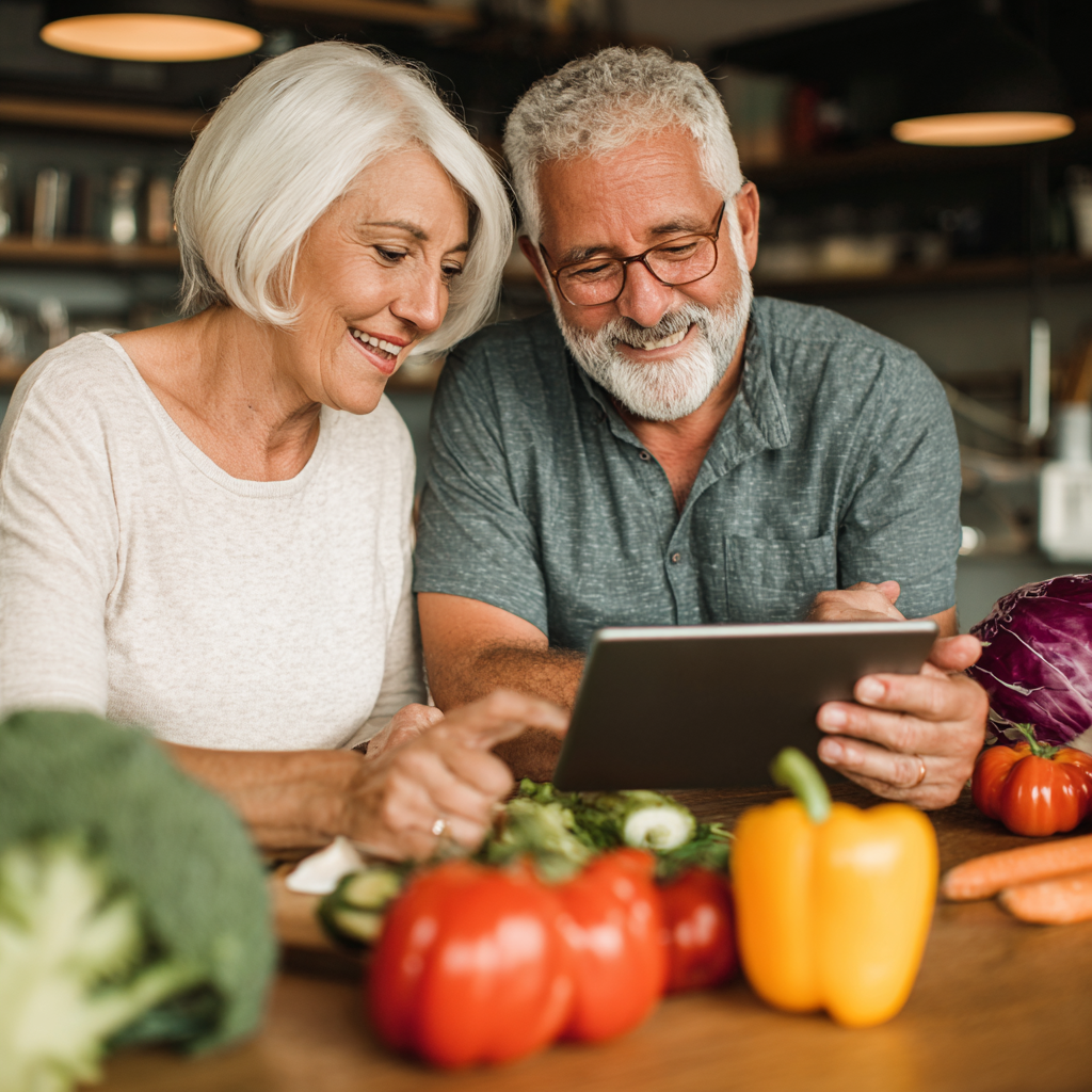 Older adults adjusting meal plan on tablet device